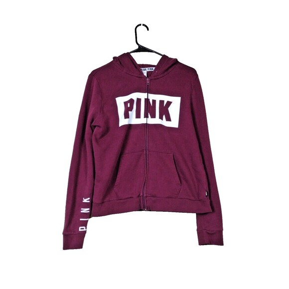 Victoria’s Secret Pink Sweatshirt Large Maroon Hooded Hoodie Full Zip Pockets - Picture 1 of 7